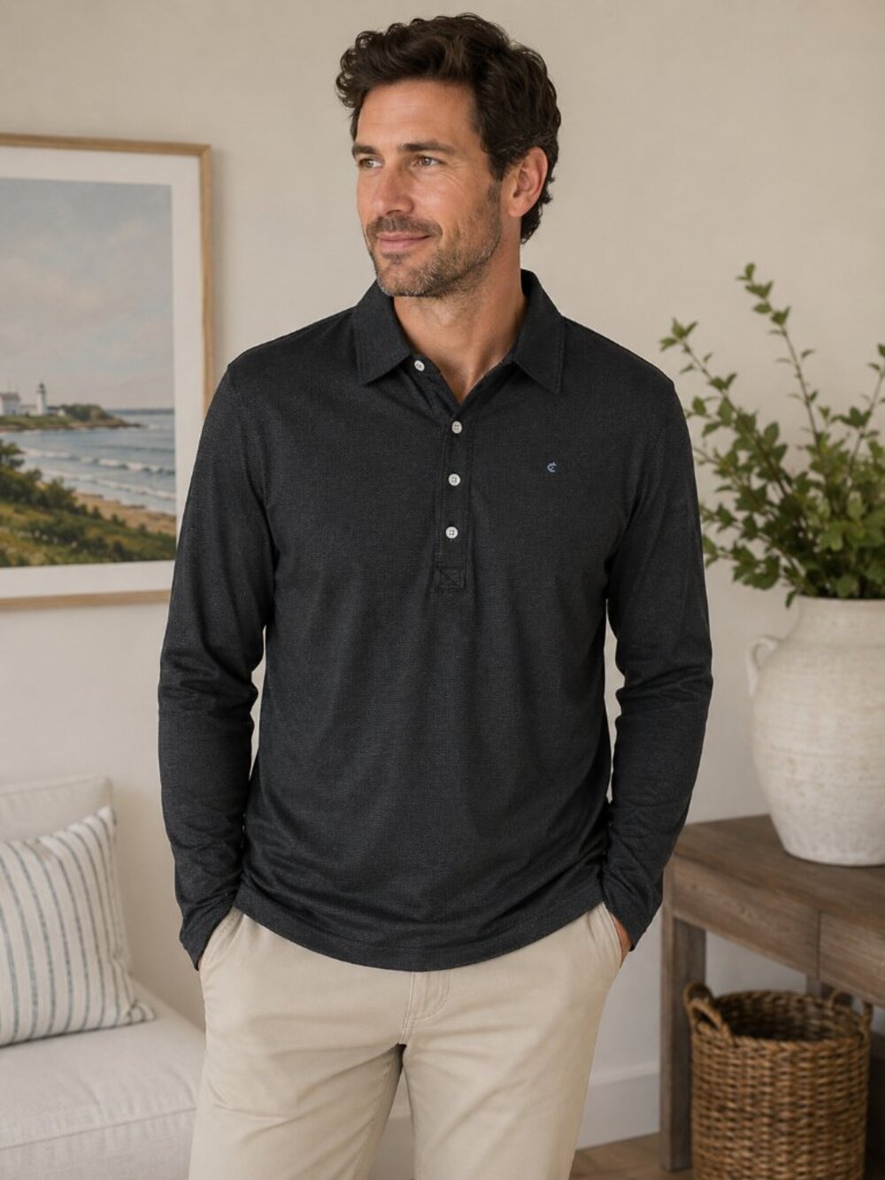Criquet Black Micro Print Long Sleeve Polo Shirt Large Golf Preppy Performance